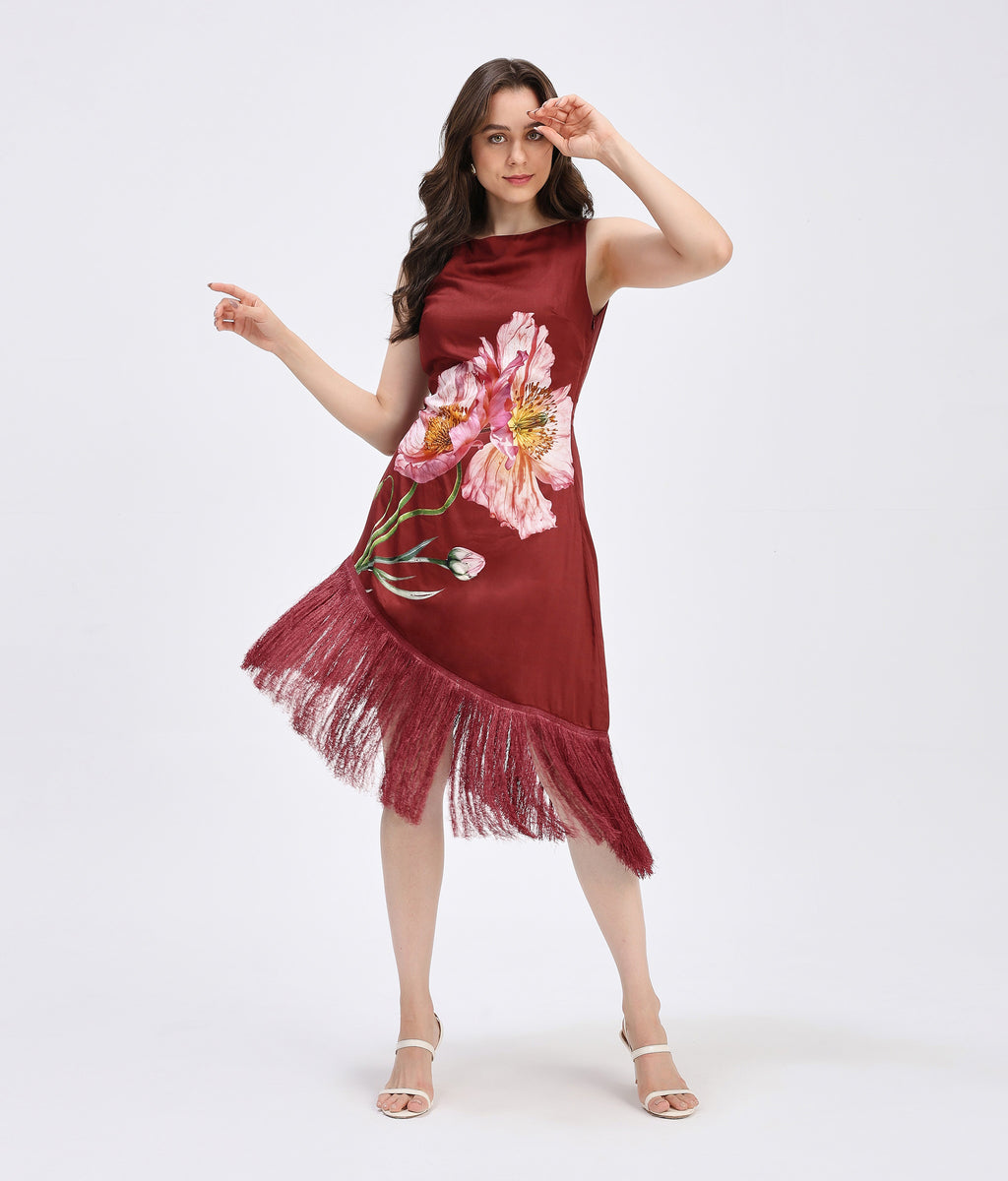 Bordeaux Bloom Fringe Dress