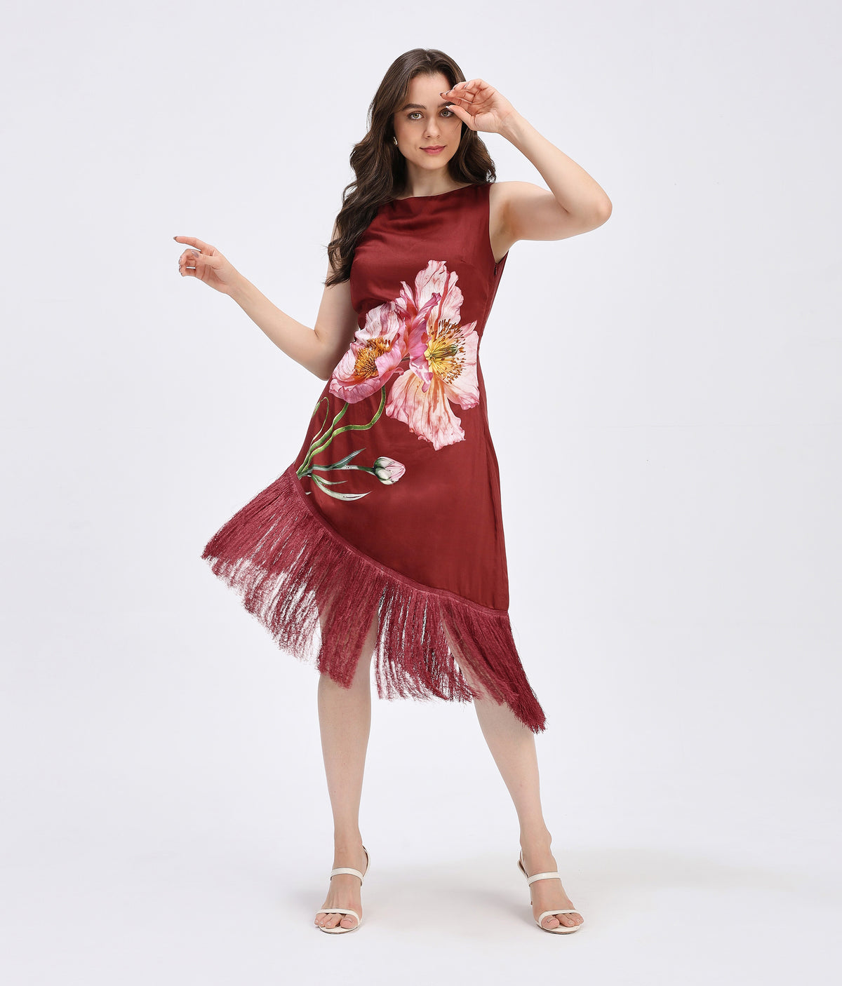 Bordeaux Bloom Fringe Dress