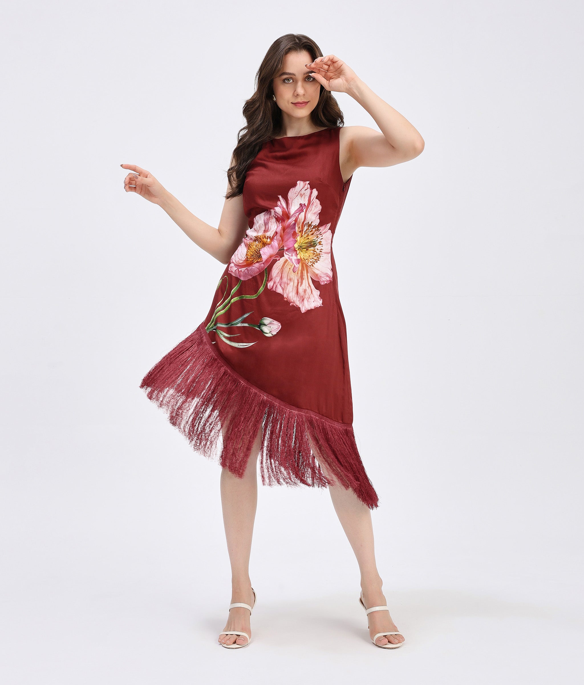 Bordeaux Bloom Fringe Dress