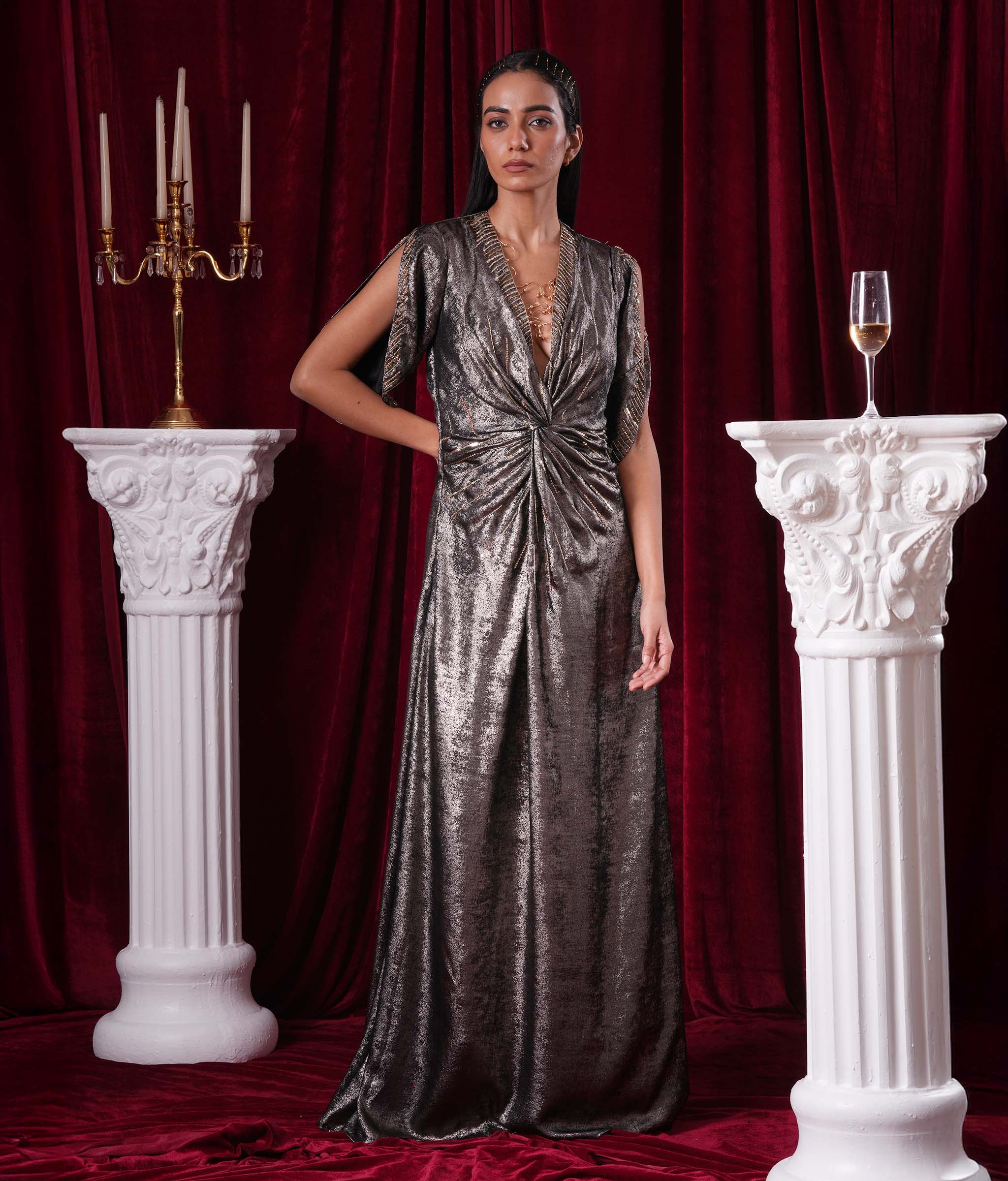 metallic kaftan dress Rabia Silver Metallic Elasticated Batwing Kaftan Dress House Of Haniya
